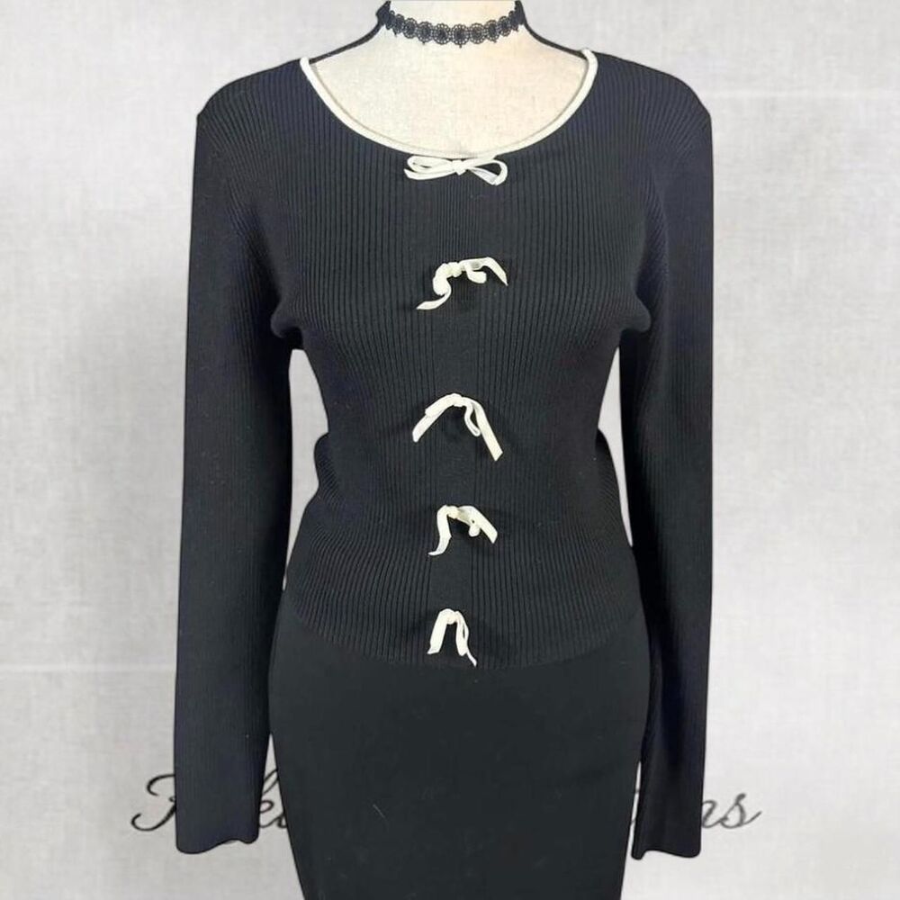 Preppy Feminine Dark Academia Goth Black and White Bow Detail Long Sleeve Top